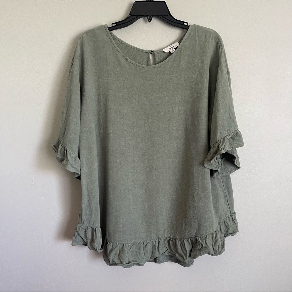 Entro Linen Blend Ruffle Hem Keyhole Back Relaxed Green Top size XL